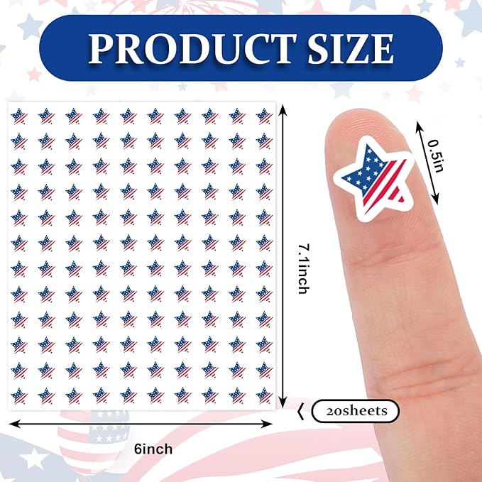 JarThenaAMCS 2400Pcs Patriotic Mini Sticker Star Flag Paper Decal 4th of July Self-Adhesive Sticker for Independence Day Planner Reward Envelope Scrapbook DIY Supplies, 0.5 in