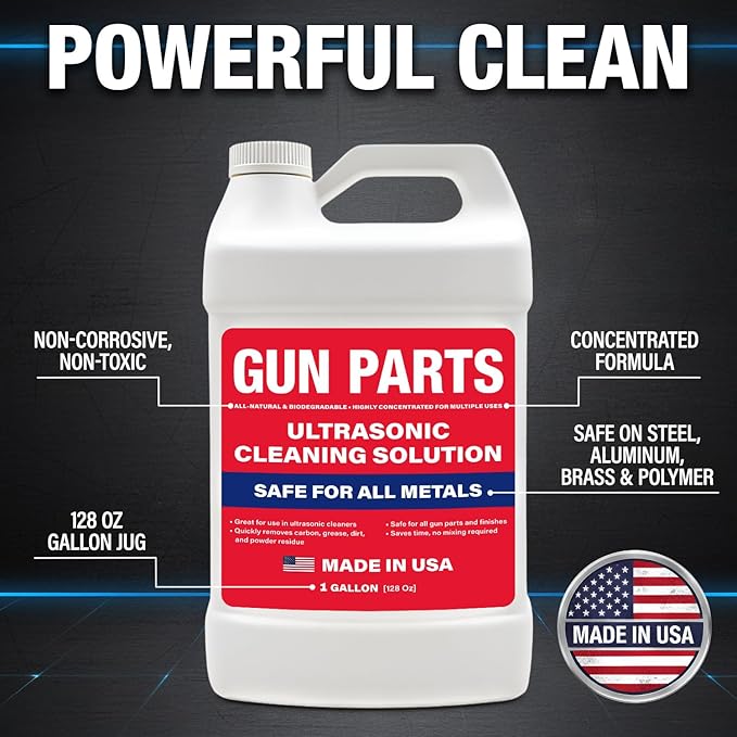 Ultrasonic Gun Cleaning Solution - 1 Gallon/128oz [Made in USA] Concentrated Formula Mixes into 6 Gallons - Firearm Cleaning Fluid for Brass & Gun Parts - for Ultrasonic Cleaner Use