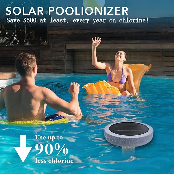 Solar Pool Ionizer - Enhanced with Latest Solar, 90% Less Chlorine, for Pools up to 45,000 Gal, Technology & Longer-Lasting Anode, Reduces Chlorine- Mineral-Based Pool Cleaning Device （Gray）