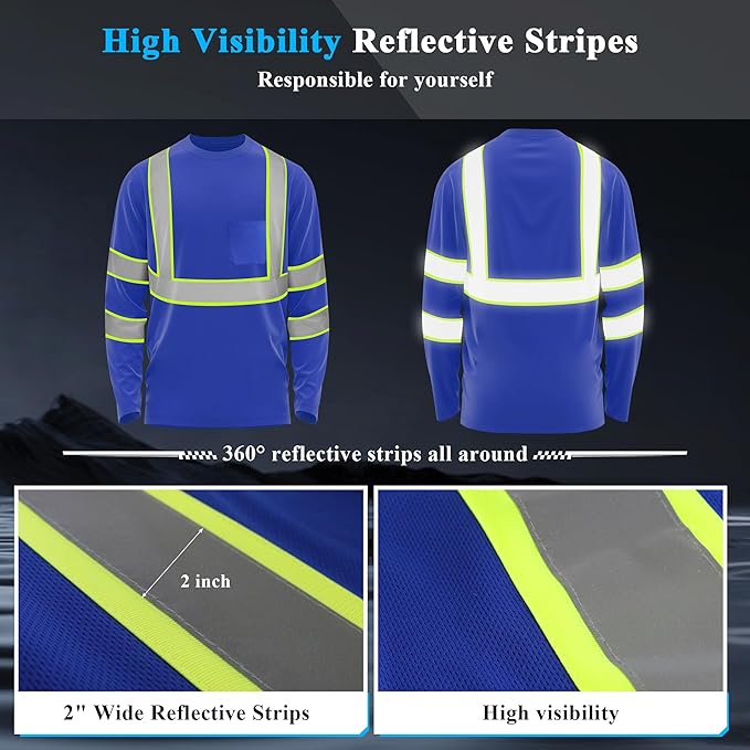 W&H Hi Vis Safety Long Sleeve Shirts Reflective High Visibility Birdeyes Class 3 Shirts,Construction Work