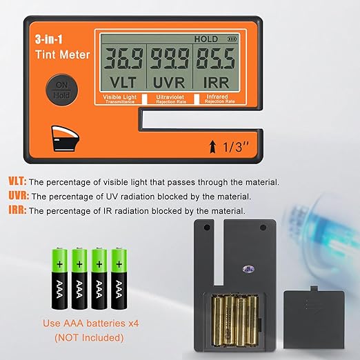 Window Tint Meter, 3-in-1 Solar Film Meter with VL/UV/IR Transmittance Tester, Portable Digital Side Window Tint Reader for Filmed Glass, Solar Film, Car Window