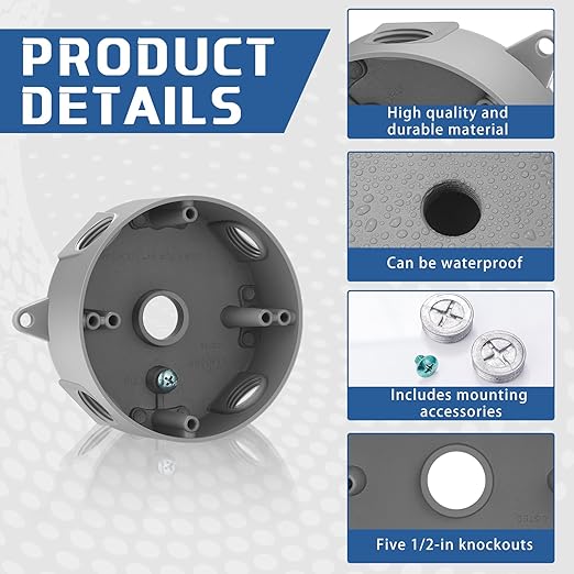 Juexica 4 Pcs 4 Inch Round Electrical Box 1/2 Inch 5 Holes Weatherproof Outlet Junction Ceiling Fan Box for Outdoor Lighting Systems, UL Listed(Gray)