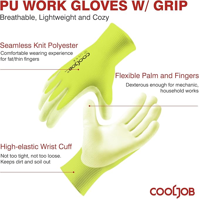 COOLJOB 60 Pairs Safety Work Gloves Pack Bulk with Grip PU Coating, 13 Gauge Seamless Knit Gloves with Polyurethane Dipped for Warehouse Working, Breathable Lightweight for Men Women, Yellow Small
