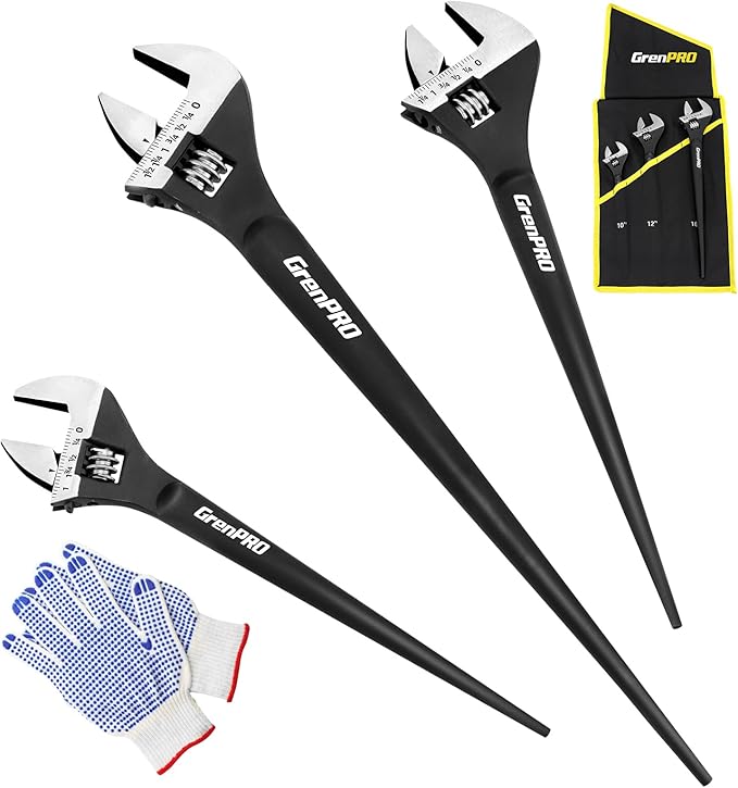 4-Piece Adjustable Spud Wrench Set with Gloves, 10" 12" 16" Large Crescent Plumbers Wrenches sets for Crowbar Pipe Fitting Pipefitter Construction Tools, SAE/Metric Scales, CR-V, Black Oxide