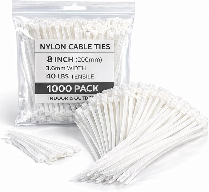 White Zip Ties 8 Inch 1000 Pack, 40 lbs Nylon Cable Ties, Self Locking UV Resistant Wire Ties for Wreath Crafts, DIY, Decor, Indoor Outdoor, Home and Garden