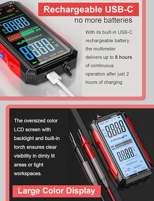 Digital Multimeter, 2026 Upgraded FS899L Multimeter, USB Rechargeable Digital Multimeter, Measures Voltage Automatic Digital Display Multimeter Tester for Home and Industrial Electrical Issues (Red)