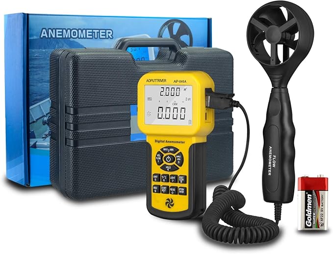 HVAC Anemometer,CFM Air Flow Meter 0.001~100mph High Accuracy Measures Wind Speed/Wind Temp/Air Velocity Air Flow, Professional CFM Meter AP-846A with Backlight Max/Min/Avg