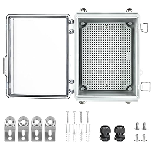 Waterproof Electrical Junction Box，IP67 Waterproof Clear ABS Plastic Enclosure Boxes for Outdoor Network Enclosure with Hinged Cover, Mounting Plate, Wall Brackets, Cable Glands (11.4"x7.5"x5.5")