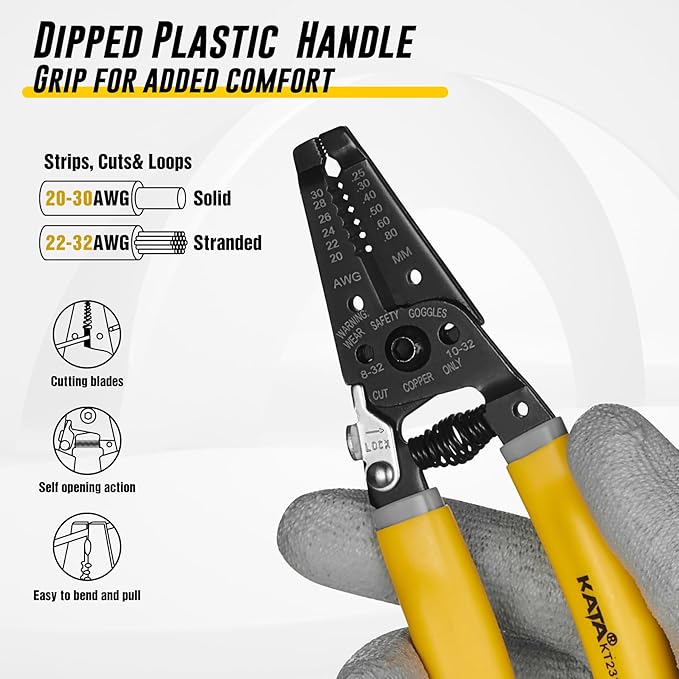 KATA Wire Stripper Wire Cutter - 7 Inch Wire Crimpers Stripping Tool Cutting Plier for 20-30 AWG Solid and 22-32 AWG Stranded Wire - Electrical Wire Stripping Crimping Plier Cable Strippers