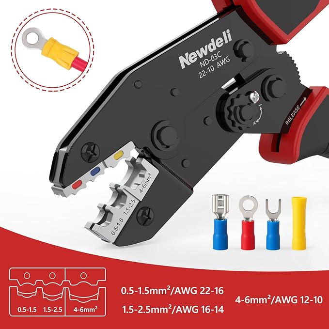 Newdeli Wire Crimping Tool for Insulated Wire Connectors - AWG 22-10 Ratchet Wire Crimper Tool Electrical Wire Terminal Connectors Ratcheting Crimping Plier Crimp Tool