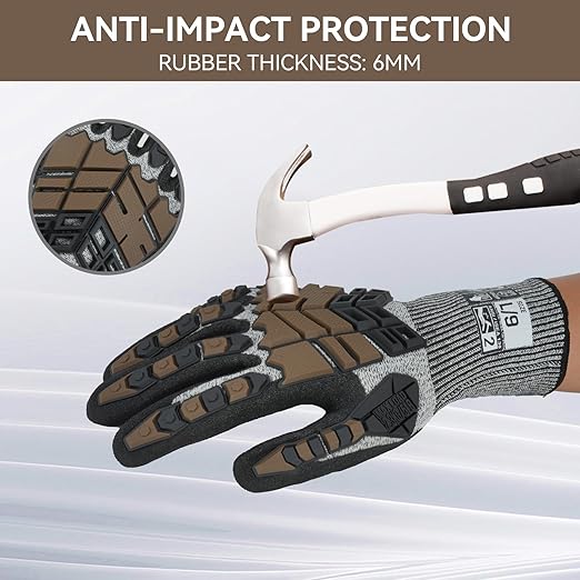 Safety Work Gloves, Impact Gloves for Men Women, Cut Resistant Non-Slip Heavy Duty Gloves with Nitrile Grip, Touch Screen Glove with Impact Protection for Mechanic Construction, Medium, Brown