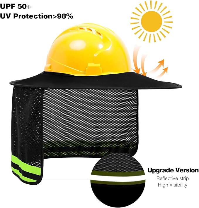 TCCFCCT Hard Hat Sun Shade, Full Brim High Visibility Mesh Neck Sun Shield and Bandana Face Scarf with Construction Arm Sleeves, 3 Packs, Black