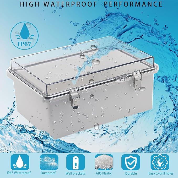 Waterproof Outdoor Electrical Box Junction Box Weatherproof IP67 ABS Plastic Enclosure Switch Router Project Box with Mounting Plate with Wall Bracket 2 Cable Glands Clear 11.81" x 7.87" x 5.12"
