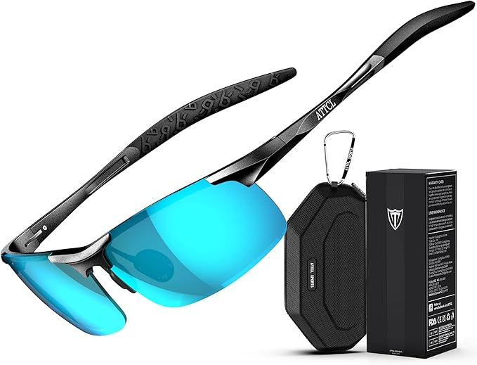 ATTCL Polarized Sunglasses Men Sports: UV Protection Anti Glare Wrap Around Lightweight Metal Driving Fishing Golf Running