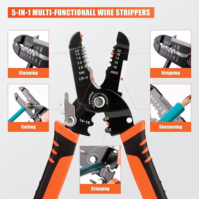 Wire Stripper, Professional 5-In-1 Wire Strippers Tool, Wire Cutters Crimpers, 10-20 AWG Electric Pliers Crimp for Stripping, Cutting, Crimping, Sharpening, Clamping