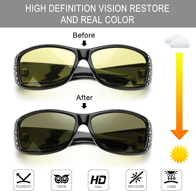 IGnaef Women Photochromatic Night Vision Glasses for Driving, Anti Glare Polarized Safety Nighttime/Rainy Glasses