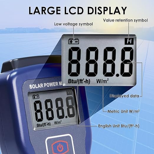 Solar Power Meter Digital Solar Meter, Solar Irradiance Meter for Solar Energy Testing, Solar Transmission Meter with Accuracy Drift<1.5%/Year&Btu/(ft2-h)& W/m² Units for Meteorology Sun Measurement