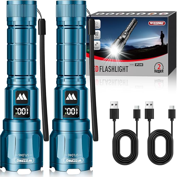 WdtPro LED Rechargeable Flashlight 2 Pack, Super Bright Zoomable 6000 Lumens Tactical Flashlight with LCD Digital Display, 3 Mode Waterproof Flash Light for Camping, Hunting & Home Emergency - Blue