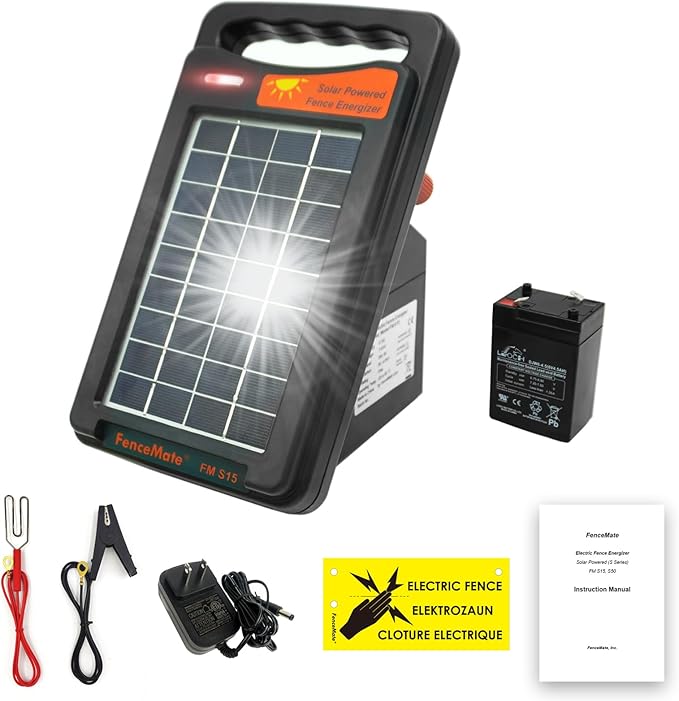 FenceMate 10 Miles Range Solar Fence Charger 0.2J for Containment of Livestock, Poultry, Pet, Hobby Farming, Portable Energizer for Exclusion of Rodent, Nuisance, Day & Night, All-Weather Protection