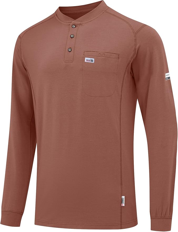 FR Shirts for Men 6oz Lightweight Stretch Work Shirt Flame Resistant Long Sleeve Henley Shirt CAT2