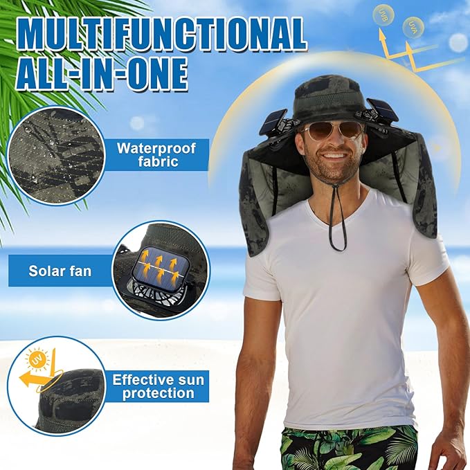 Chuarry Wide Brim Sun Hat with 2 Fan Outdoor Solar Powered USB Charging Fishing Hat with Neck Flap for Men Women