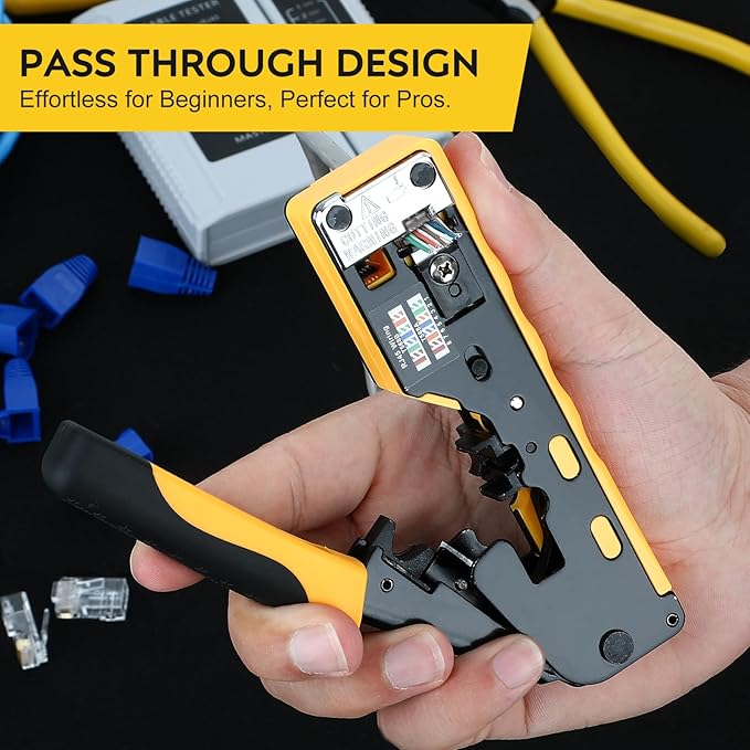 RJ45 Crimp Tool Kit Pass Through Ethernet Crimper Kit Cat5 Cat6 Cat7 Crimping Tool Kit,All-in-One Stripping Cutting Crimping Tool for RJ11/RJ12 Standard,RJ45 Pass Through Connectors