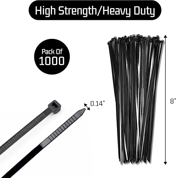 Bolt Dropper 1000-Piece Set of 8 Inch Black Zip Ties Heavy Duty - Self-Locking, UV-Resistant Nylon Cable Ties for Indoor and Outdoor Use, Ideal for Organizing, Securing, and Bundling Wires and Cables