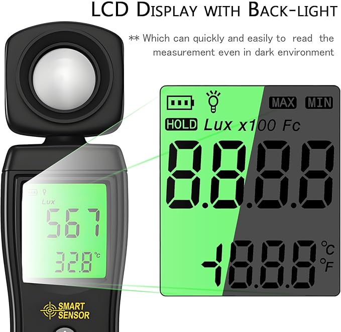 Digital Light Meter, Backlit LCD Display Lux/Foot Candles Meter with 180º Rotating Sensor, Range up to 200,000 Lux Luxmeter,for Photography Plants Lighting Intensity Brightness Measurement