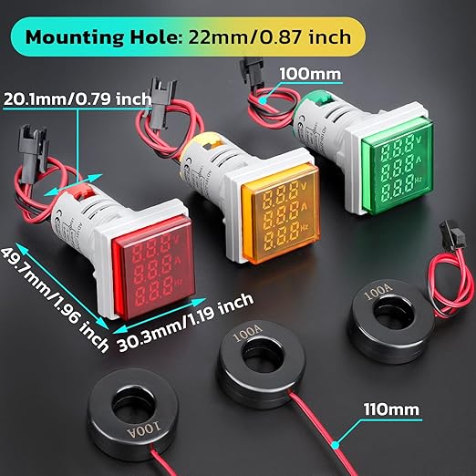 DROK AC Volt Amp Frequency Tester, 3pcs AC 60-500V 100A Voltage Current Monitor Digital LED Display Voltmeter 110v 220v Volt Detetor Green Red Yellow Signal Indicator Light Panel