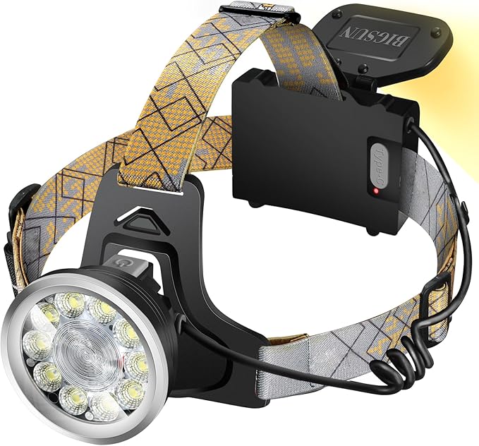 BIGSUN Headlamp Rechargeable, Led Headlamp with 4 Modes, High Lumen Bright Head Lamp,Built-in 9600 mAh Li-Ion Battery, Front and Rear Lighting,Bidirectional Use for Camping Hunting Hiking Fishing