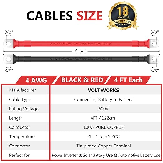 VOLTWORKS 4 AWG Gauge Red + Black Pure Copper Battery Inverter Cables Solar, RV, Car, Boat 4ft 3/8 in Lugs