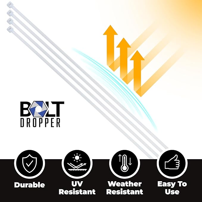 Bolt Dropper 12-Inch White Zip Ties - 100-Pack Reusable Heavy Duty Wire and Cable Ties - Durable Self-Locking Nylon with 120 lbs Tensile Strength - UV and Temperature Resistant for Indoor and Outdoor