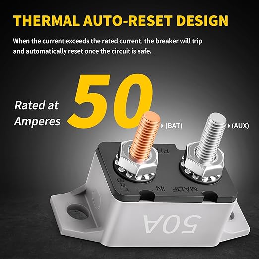 50 Amp Automatic Reset Circuit Breaker with Cover Stud Bolt, 6 Pieces 12V-24V DC for Automotive Marine Boat Car RV Truck Solar System and More, IP66 Waterproof (Black Cover)