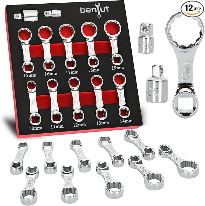 12PCS Metric Torque Adapter Set, 10–19mm Torque Wrench Extension Adapter, 3/8" Drive, 12 Point Box End Torque Wrench Adapter Set, Chromium Vanadium Steel with 1/2" & 1/4" Adapters