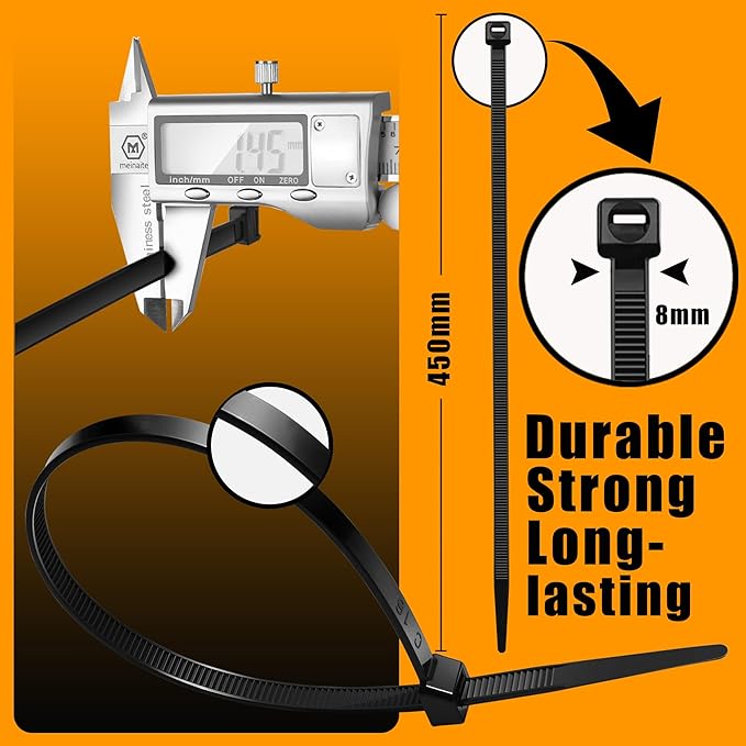 Black Zip Ties140 Pounds Tensile Strength18 Inchx0.3 Inch 100 pcs, Heavy Duty Wire Ties,Extra Long Tie Wraps,Industrial Multi-Purpose UV Resistant Nylon Cable Zip Tiess (18" 140lb / Black)