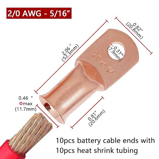 TKDMR 10pcs 2/0 AWG-5/16 Battery Lugs,Heavy Duty Wire Lugs,Ring Terminals,Battery Cable Ends,0 Guage terminals,Battery Terminal Connectors with 10pcs 3:1 Heat Shrink Tubing