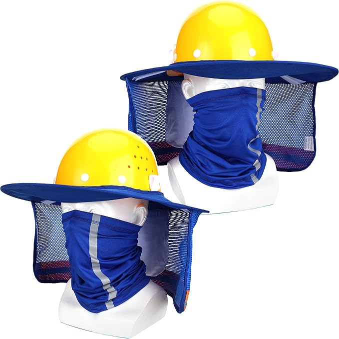SATINIOR 2 Pcs Sun Hard Hat Neck Protection High Visibility Full Brim Mesh Sun Protection and Neck Gaiter Bandana Face Scarf for Construction Helmet Hard Hat Accessories, Reflective(Blue)
