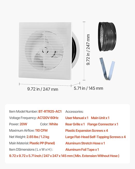VEVOR Through-the-Wall Ventilation Fan， White Grille, 110 CFM, 6.8" Diameter Exhaust Fan Duct with 10-Inch Retractable Hose for Kitchen, Living & Laundry Room Workshop