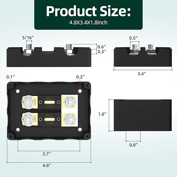 ANL Fuse Holder with 2Pcs 300 Amp ANL Fuse, Max 1000A Waterproof 4 x 5/16"(M8) Studs Heavy Duty Dual Fuse Holder with 400 Amp and 500 Amp ANL Fuses for Marine Automotive Car Truck Boat