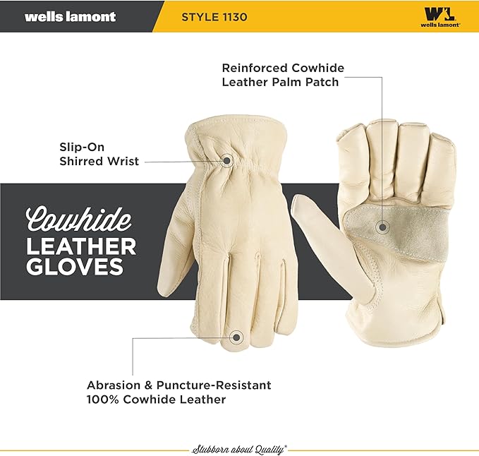 Wells Lamont Leather Work Gloves for Men – Grain Cowhide, Reinforced Palm – Ideal for Construction, Farming, Ranching – Ergonomic Fit, Keystone Thumb, Elasticized Wrist – Beige, Small (1130S)