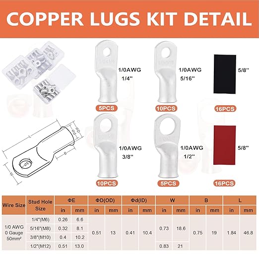 1/0 AWG Tinned Copper Ring Terminal Kit (62 Pcs) - 30 Battery Lugs (1/4", 5/16", 3/8", 1/2") with 32 Heat Shrink Tubes for 0 Gauge Wire in Automotive, Solar, Marine, RV Applications