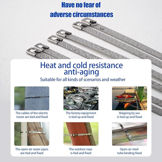 Metal Zip Ties, 60 Inch Extra Long 390Lb Stainless Steel Cable Ties, Heavy Duty Self-Locking Strap Ties, Strength for Exhaust Wrap, Garden Ties, pipes, Outdoor UV Resistant Large Tie Wraps 30 Pcs