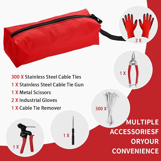 Metal Zip Tie Tool 300PCS (100 Each: 7.8/12/15.7 Inch) Stainless Steel Cable Tie Gun Kit | Self-Locking Fastening & Cutting Tool Metal Zip Tie Gun for Fencing, Exhaust Pipes, Automotive (Red)