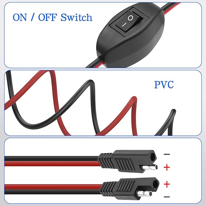 XMSJSIY SAE Extension Cable with ON/Off Switch 14AWG Solar Power Cable Wire Harness Quick Connect Wire 12V-24V SAE Connector for Solar Panel RV Motorcycle Camp Trailer - 2.5M/8.2FT