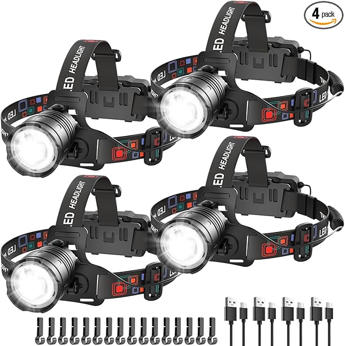 Rechargeable Headlamp High Lumen, 3000L Super Bright Head Lamp, 90° Rotatable Head Lights for Forehead, Adjustable Focus Headlight Flashlight, 4Modes LED Headlamps for Adults Hardhat Camping (4Pack)