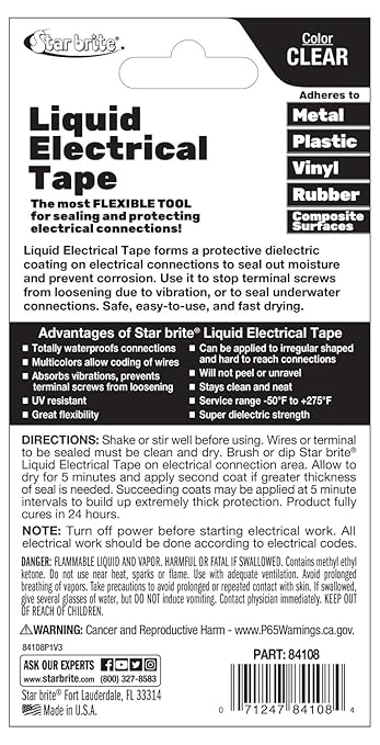 STAR BRITE Liquid Electrical Tape with Applicator Brush Cap - Superior Adhesion & Flexible Protection for Frayed Cables, Terminals & Electric Splices - Clear 4 fl oz. (084108B)