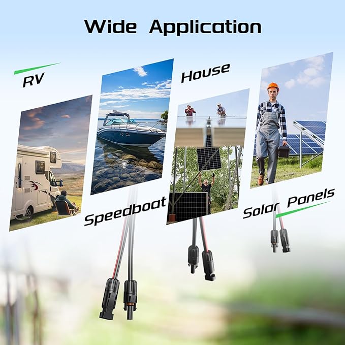 Bateria Power 6 Feet 10AWG Solar Panel Extension Cable, 6mm² Twin Wire Conductor Parallel Solar Wire Adapter Kit with Waterproof Female & Male Solar Connectors for RV, Marine, Photovoltaic Systems