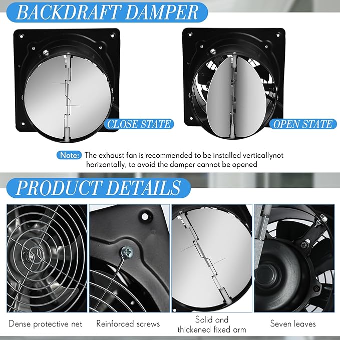 6 Inch Exhaust Fan 308 CFM Kitchen Ceiling Exhaust Fan with Switch Small Bathroom Potable Plug in Garage Damper for Window Shop, Smoking Room, Industrial Ventilation Use, Black
