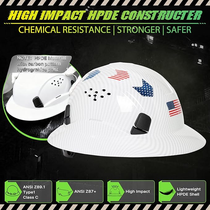 Carbon Fiber Pattern Full Brim Hard Hat with Visor-OSHA Approved Construction Safety Helmet for Men Women,ANSI Z89.1 Vented Reflective Hardhat with Hard Hat Chin Strap,6-Point Suspension