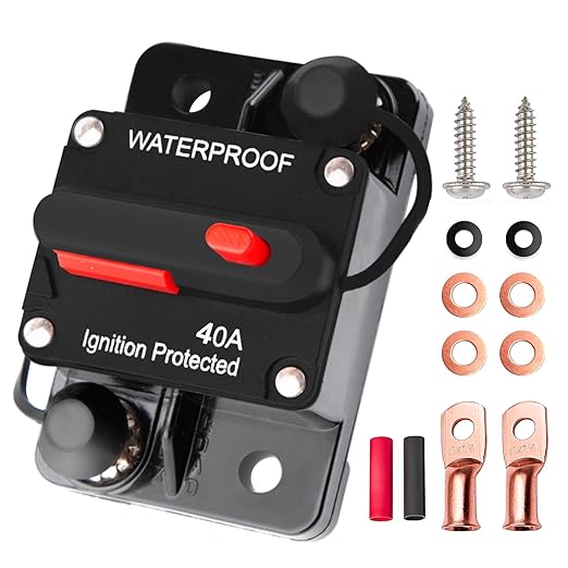40 Amp Circuit Breaker Manual Reset Waterproof Inline Fuse Inverter for Car ATV Marine Trolling Motors Boat Power Protect 12V-48V, with Wire Lugs Copper Washer Screw